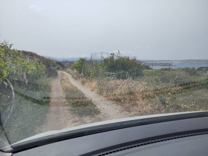 Driving between farm fields on a simple lane from the Minoan settlement and cemetery to the village of Agia Fotia.