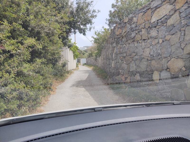 Driving between farm fields on a simple lane from the Minoan settlement and cemetery to the village of Agia Fotia.