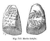 'Hache-bétyle', carved baetyl sacred stone, figure 743 of page 646 of Dictionnaire des Antiquités Grecques et Romaines, http://dagr.univ-tlse2.fr/consulter/531/BAETYLIA/page_658