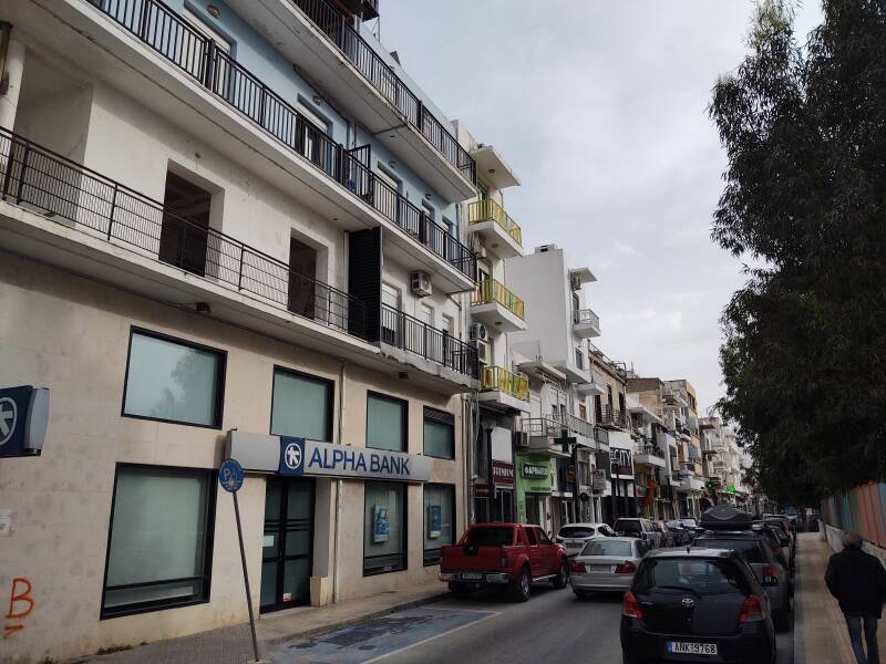 Apartment buildings along a street in Ierapetra.