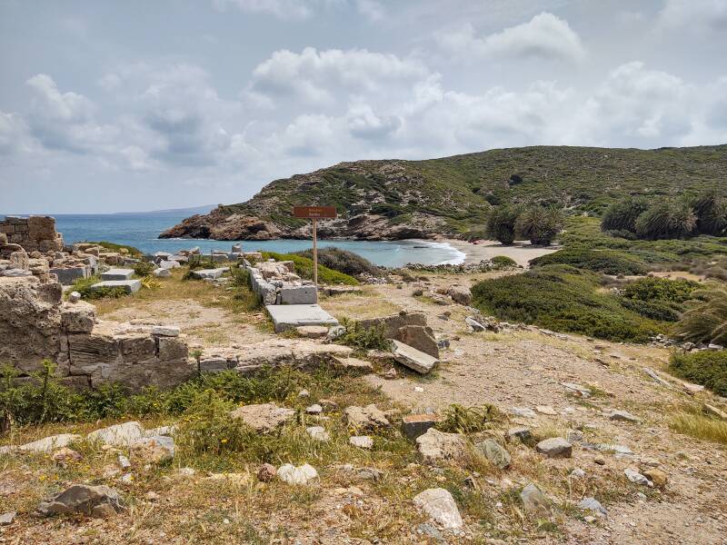 Basilica, beach, and coastline at Itanos, ancient Greek port city near the northeastern tip of Crete.
