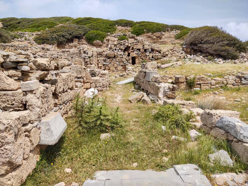 Right aisle of ruined basilica at Itanos, ancient Greek port city near the northeastern tip of Crete.