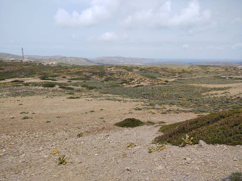 View from road west of Itanos, looking back to the east and out to sea, past a VHF/UHF/microwave relay station.