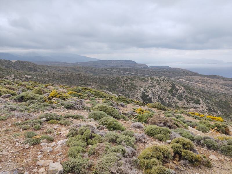 View from road west of Itanos, looking to the northwest and toward Sitia in the distance.