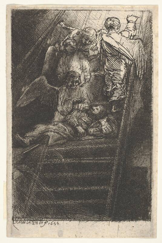 Rembrandt van Rijn etching, engraving, dry point of Jacob's Ladder from https://www.metmuseum.org/art/collection/search/398626