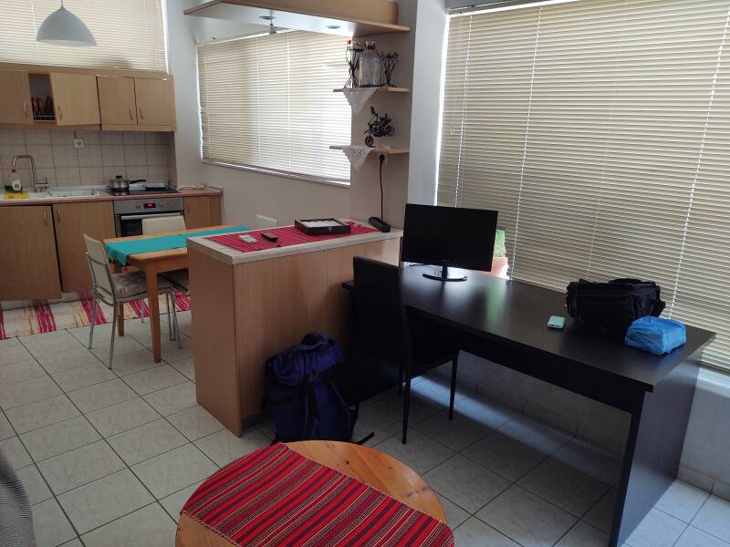 Nice apartment interior in Sitia, living room and kitchen.
