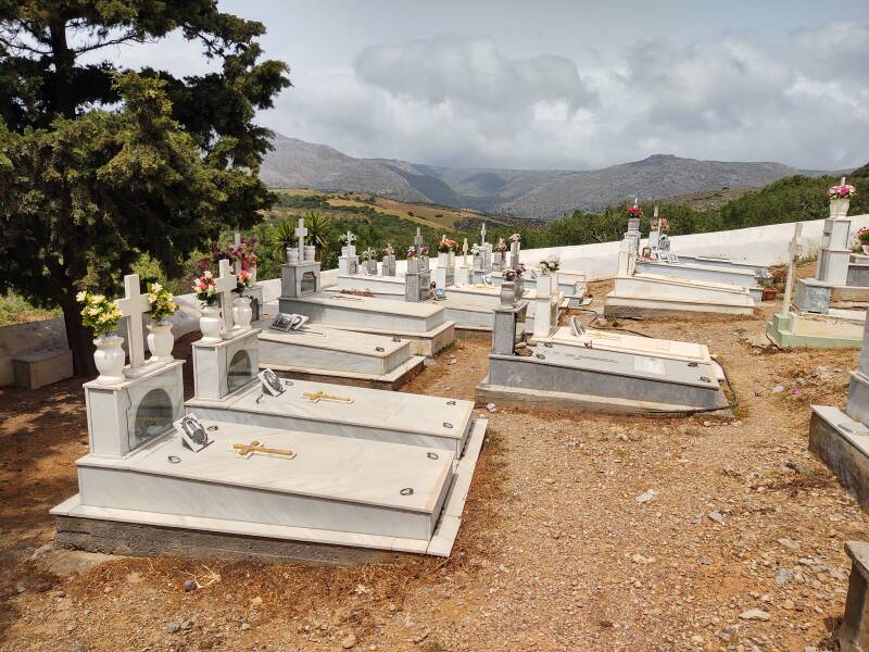Cemetery beside the church at the base of the Troastalos peak sanctuary.