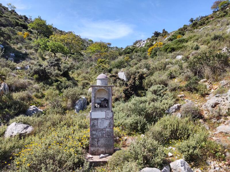 Memorial along the road east of Damasta village in Crete. The Germans marched 30 civilian men of Damasta to the top of the slope and massacred them on 21 August 1944, then came back and burned the village.