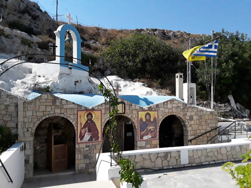 Large icons of Nikon and John the Baptist on the exterior of the subterranean Church of Saint John and of Saint Nikon the Repentant at Kerteros.