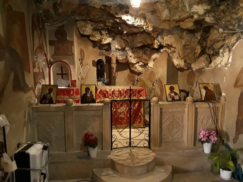 Altar area in the subterranean Church of Saint John and of Saint Nikon the Repentant at Kerteros.