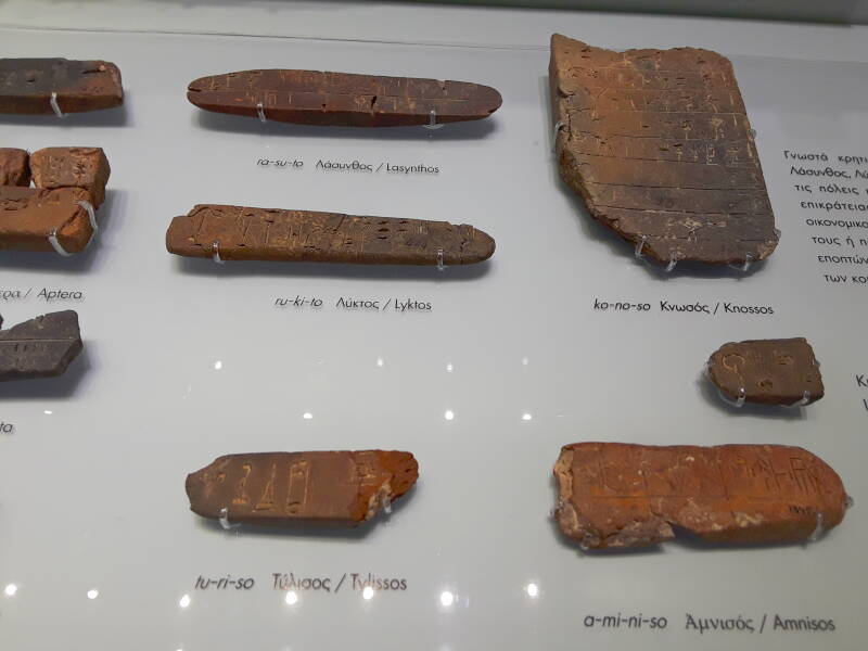 Linear B tablet bearing the place name Amnissos, in the Heraklion Archaeological Museum.