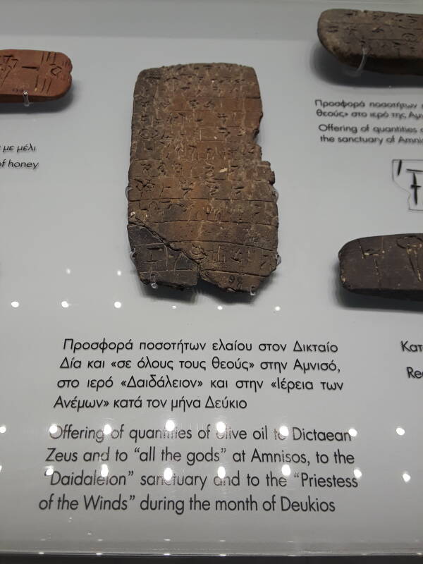 Linear B tablet bearing the place name Amnissos, in the Heraklion Archaeological Museum.