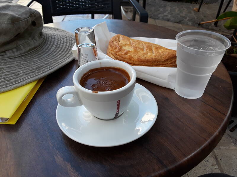Breakfast in Heraklion: Greek coffee and tiropita.