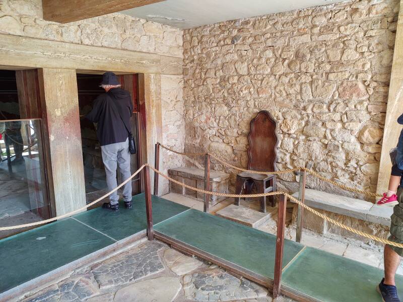 Approaching the 'Throne Room' at prehistoric site of Knossos, outside Heraklion in Crete.