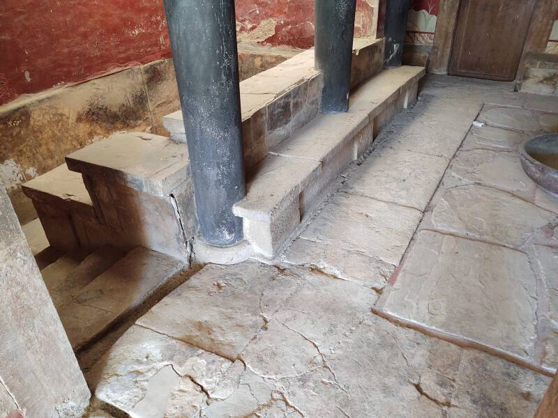 Stairs down into 'Lustral Basin' at 'Throne Room' at prehistoric site of Knossos, outside Heraklion in Crete.