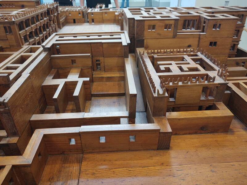 A wooden model of the Knossos palace complex at the Archaeology Museum in Heraklion. Many of the buildings are lined with 'Horns of Consecration'.