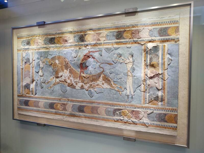 Reconstructed fresco of a bull-leaping scene at the Archaeological Museum in Heraklion.