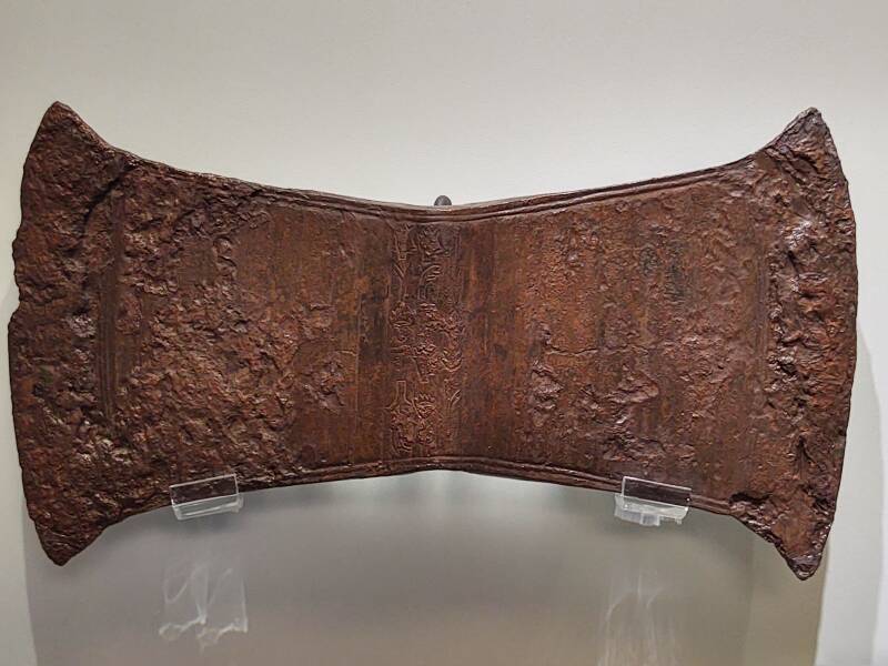 Ritual double axe with inscriptions, found at Arkalochori cave, at the Archaeology Museum in Heraklion, Crete.