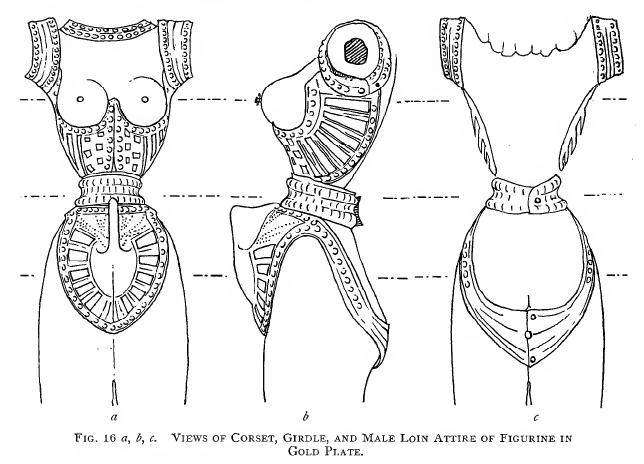 Drawing of chryselephantine (ivory and gold) statuette of goddess, Figure 14 of Volume IV of 'The Palace of Minos at Knossos', described elsewhere as the 'Lady of Sports'.