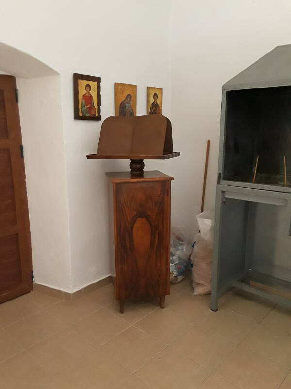 Lectern and smoke hood for candles in the church of Saint Panteleimon.