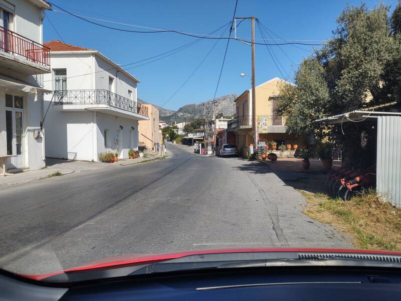 Small town south of the Minoan cemetery at Armeni, driving south from the Minoan tombs at Armeni to Kalamaki on the south coast of Crete.