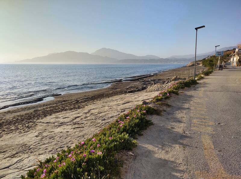 View from Kalamaki across Messara Bay to Agia Galini on the south coast of Crete.