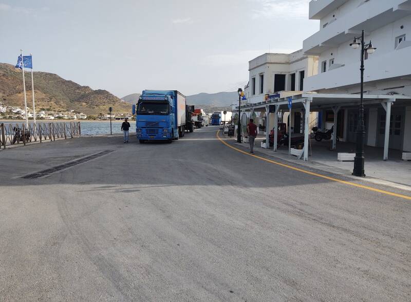 Trucks line up to load onto the ferry from Ios to Folegandros.