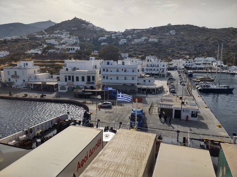 On board the ferry from Ios to Folegandros before departing Ios. The trucks continue to load.