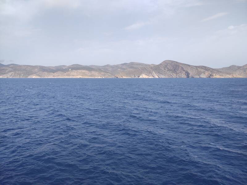 Ferry from Ios to Folegandros approaching Sikinos.