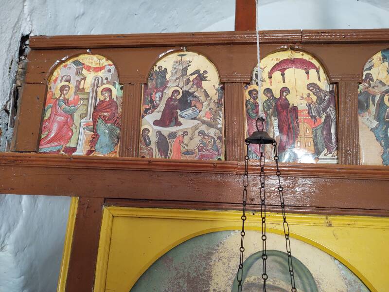 Iconostasis in the Chapel of Saint John along the path to Panagia above Hora on Folegandros.