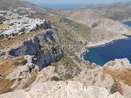 Hora on Folegandros at the edge of cliffs, 200 meters above the Aegean.