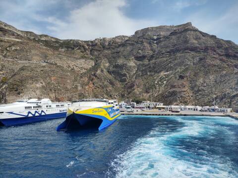 View looking back at Thira (Santorini) from a ferry en route to Ios.