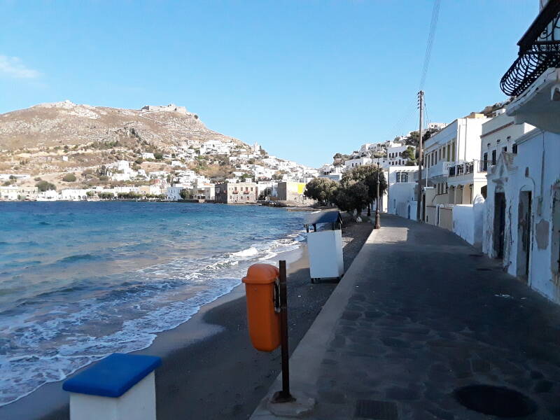 Beach, waterfront, and Pandeli Castle in Agia Marina.