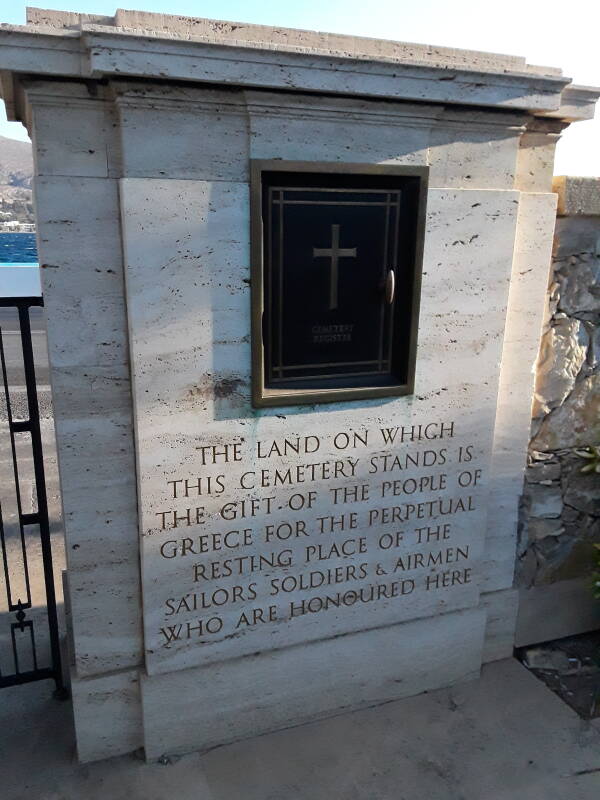 Entry gate at the War Cemetery in Agia Marina on Leros: 'The land on which this cemetery stands is the gift of the people of Greece for the perpetual resting place of the sailors soldiers and airmen who are honoured here.'