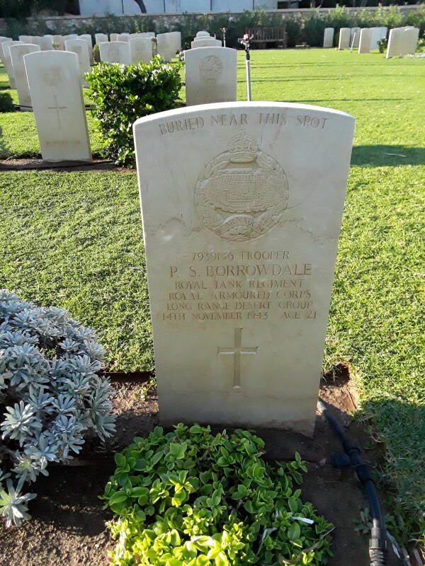 Gravestone at the War Cemetery in Agia Marina on Leros: 'Buried near this spot / 7939136 Trooper / P. S. Borrowdale / Royal Tank Regiment / Royal Armoured Corps / Long Range Desert Group / 14th November 1943 Age 21'.