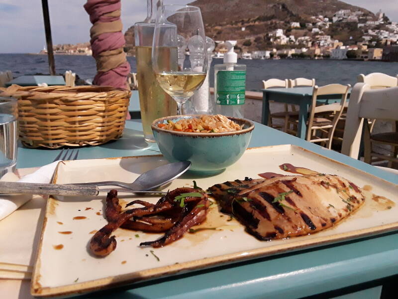 Grilled calimari at Mylos restaurant on the waterfront in Agia Marina.