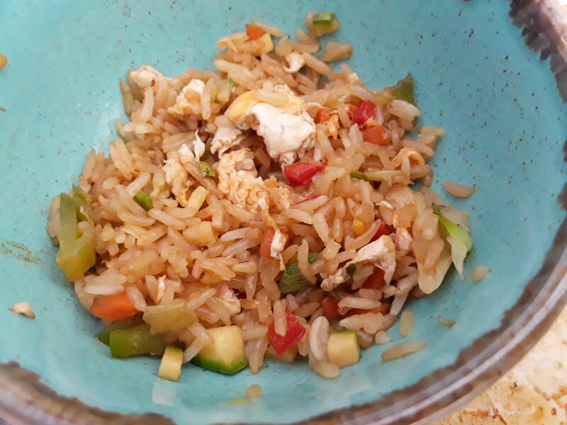 Rice accompanying grilled calimari at Mylos restaurant on the waterfront in Agia Marina.