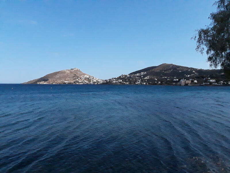 View across the bay from Alinda to Agia Marina and the Pandeli Castle above it.
