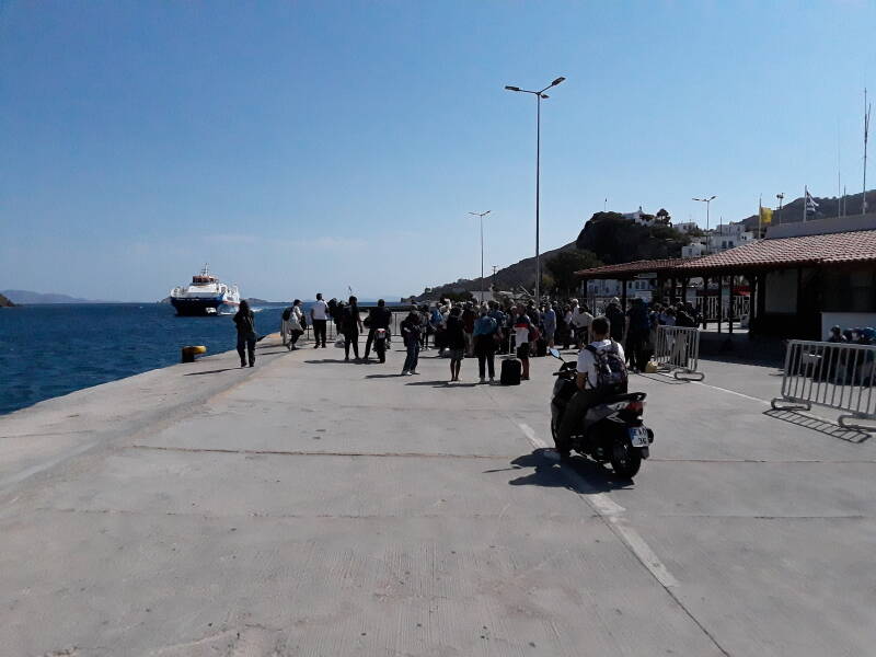 Small ferry approaching the dock in Patmos.