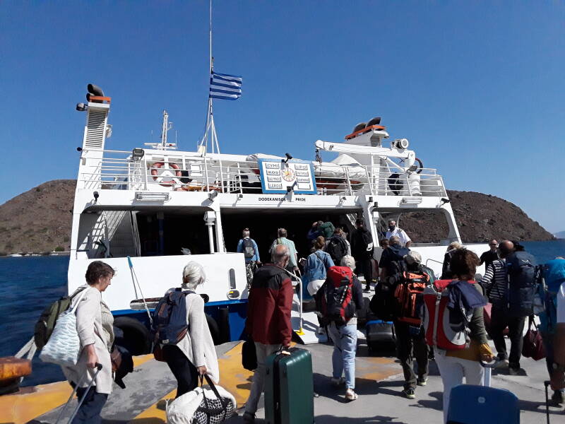 Boarding a small ferry in Patmos.