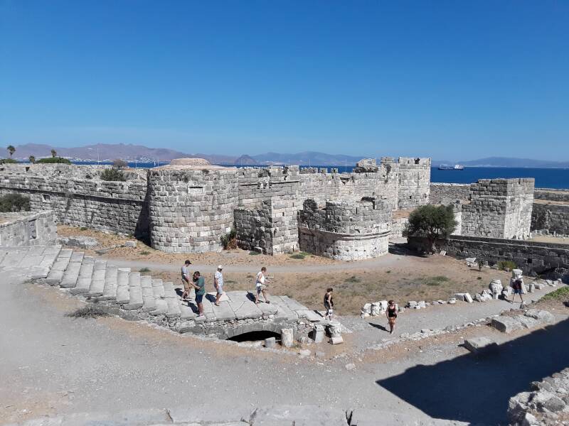 View from castle at Kos harbor to Bodrum, Turkey.