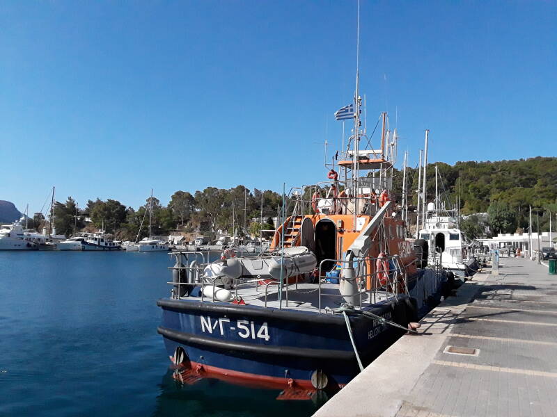 Hellenic Coast Guard boat tied up at the waterfront in Lakki.