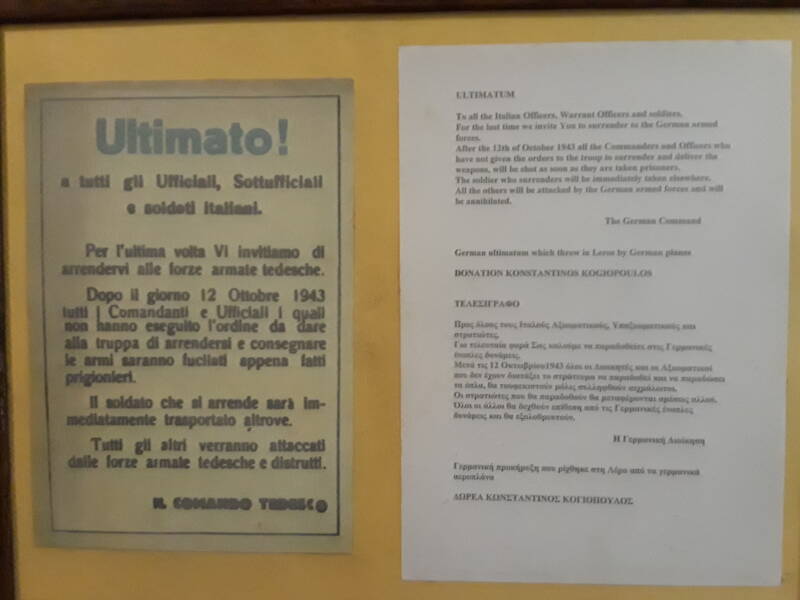 German flyer threatening execution or annihilation for Italian military personnel who don't surrender by a deadline, in the Merikia War Museum.
