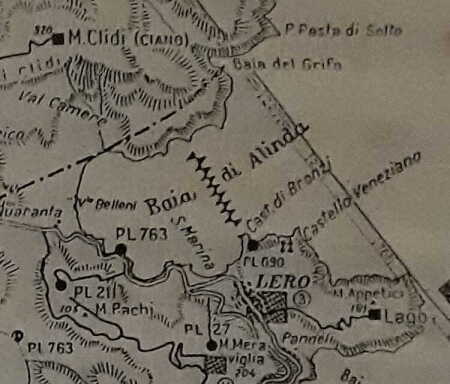 Alinda Bay section of Italian military map of Leros in the Merikia War Museum.