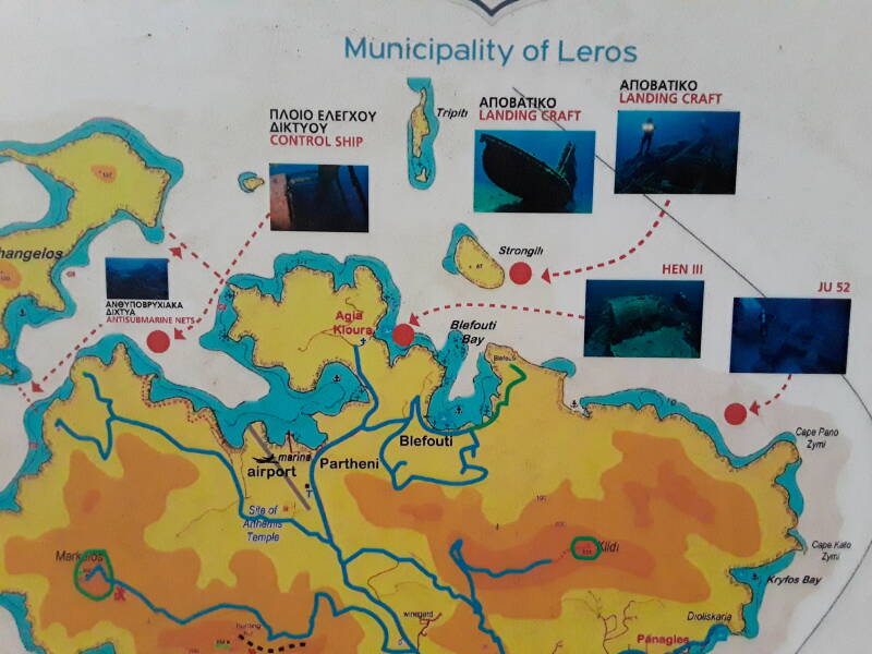 Map of north coast of Leros showing sunken ships and aircraft.