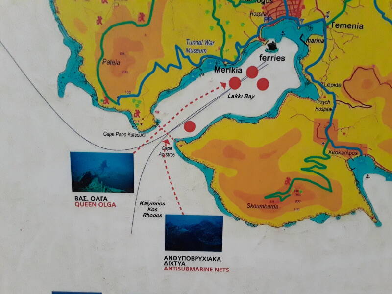 Map of southwest coast of Leros showing sunken ships and aircraft.