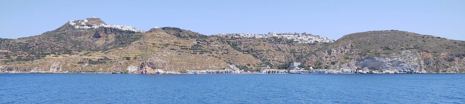 Plaka and Trypiti on Milos seen from the ferry from Folegandros.