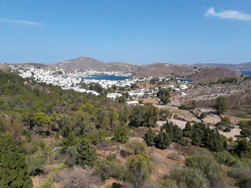 View over Skala and the port from the Cave of the Apocalypse.