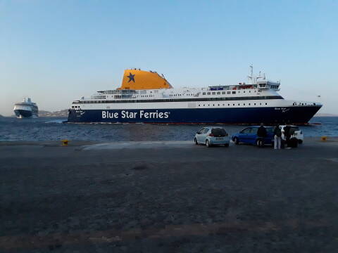 Blue Star Ferry from Mykonos to Piraeus, then from Piraeus to Patmos.