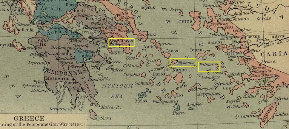 Map of Greece at the beginning of the Peloponnesian War in 431 BCE.